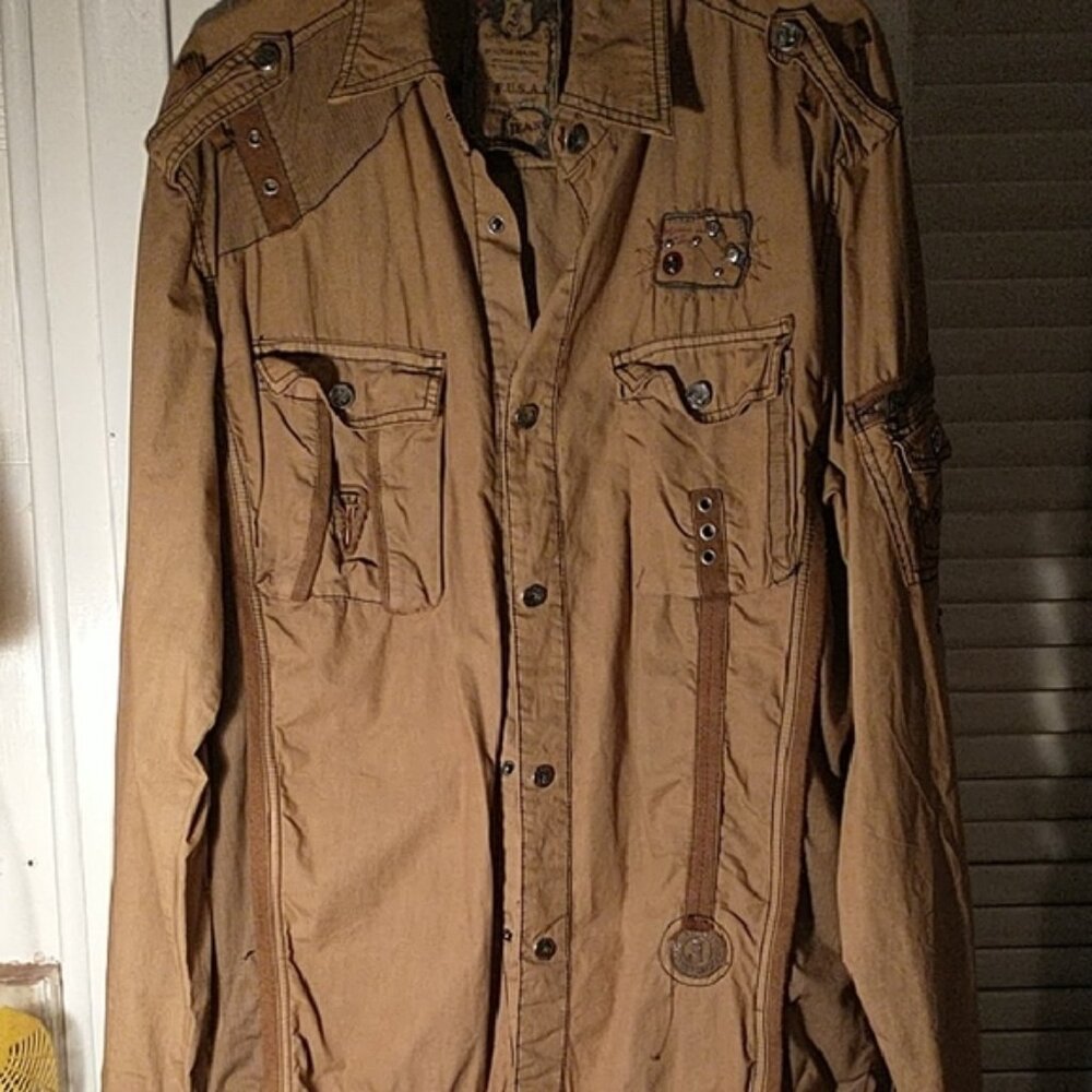 F.U.S.S.I. Jeans by Focus USA Inc. tan military style long sleeve shirt sz LG